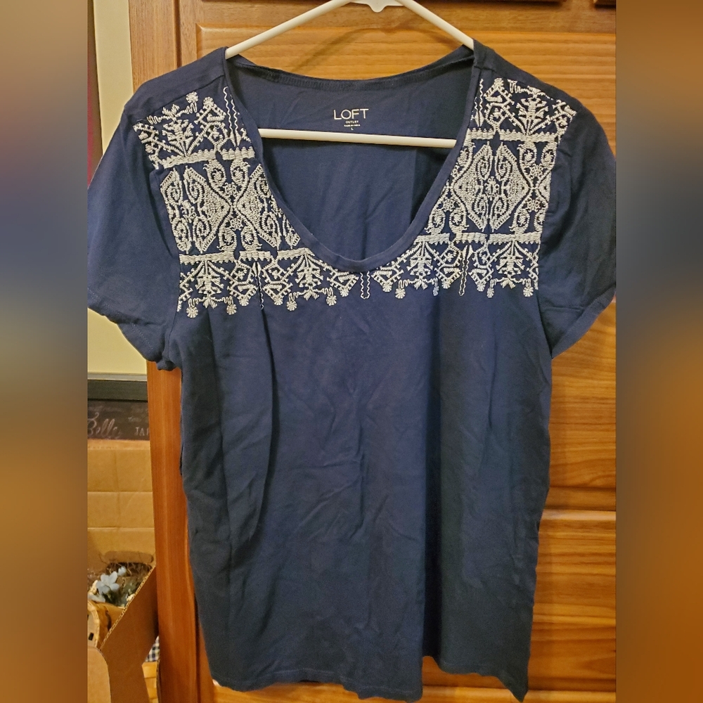 LOFT Dark Blue Top with White Embroidery